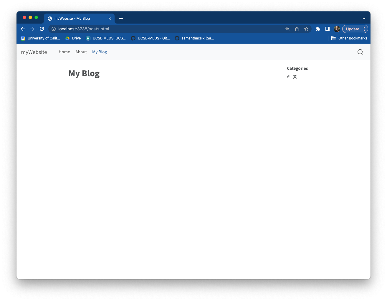 A listing page titled, 'My Blog,' appears in the navbar of our website. It's currently an empty listing page (i.e. no blog posts appear on the listing page) since we haven't created any blog posts yet.