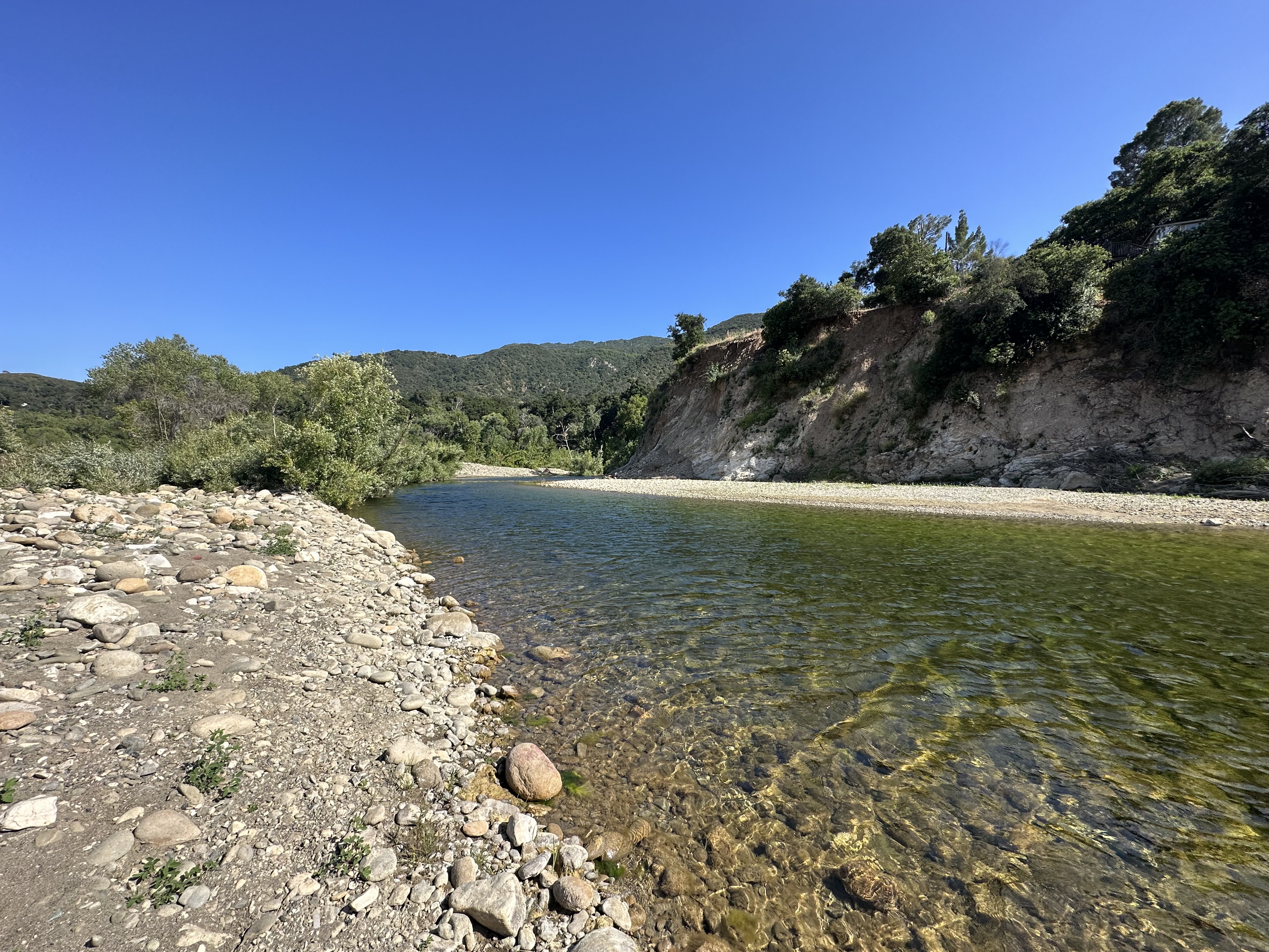 A river runs from left to right with a low rocky bank on the left side and a taller tree-covered bluff on the right.